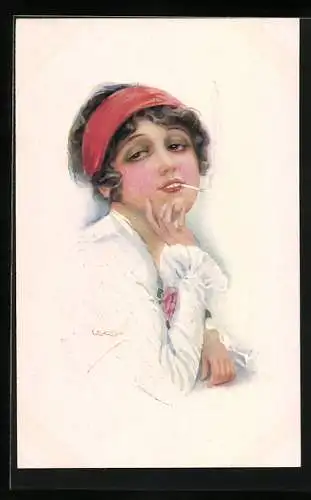 Künstler-AK Luis Usabal: Hübsche junge Dame raucht eine Zigarette