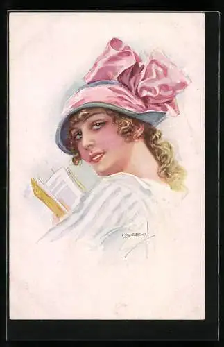 Künstler-AK Luis Usabal: Junge Frau mit toller Kopfbedeckung und Buch in der Hand