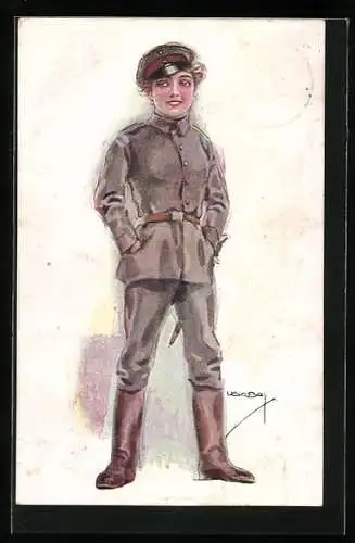 Künstler-AK Luis Usabal: schöne Soldatin un Uniform