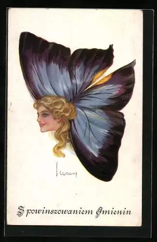 Künstler-AK Luis Usabal: Blonder Frauenkopf mit Schmetterlingsflügeln