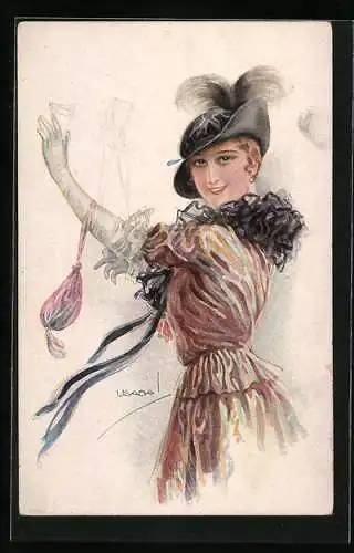 Künstler-AK Luis Usabal: Junge Dame mit Rüschenkragen, Federhut und kleinem Beutel