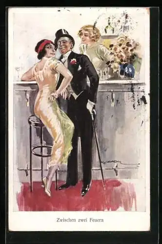 Künstler-AK Luis Usabal: Mondänes Paar am Tresen