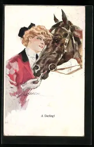 Künstler-AK Luis Usabal: A Darling, Reiterin mit ihrem Pferd
