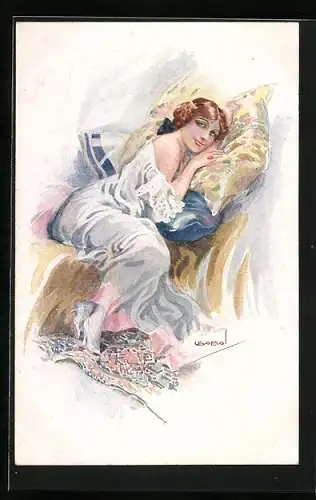 Künstler-AK Luis Usabal: Junge Dame auf einem Kissenlager