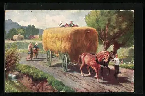 Künstler-AK Robert Kämmerer: Bauer transportiert das Heu mit einem Pferdegespann in die Scheune