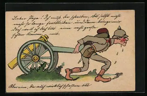 AK Artillerie, Soldat in Uniform zieht ein Geschütz