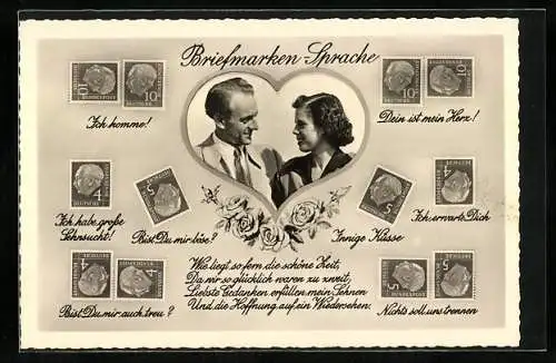 AK Briefmarkensprache der Liebe mit einem Liebespaar