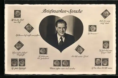 AK Briefmarkensprache, schöner Mann, Portrait, Herz