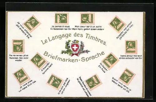 AK Le Langage des Timbres, Briefmarken-Sprache, verschieden angeordnete schweizer Briefmarken