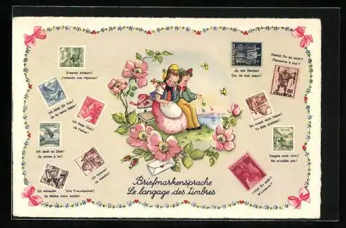 AK Briefmarkensprache, Le langage des timbres, kleines Liebespaar