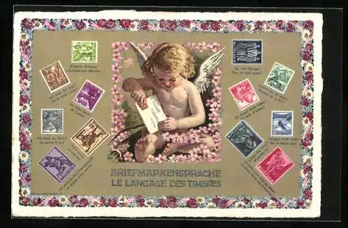 AK Briefmarkensprache / Le Langage des Timbres, Amor mit Liebesbrief