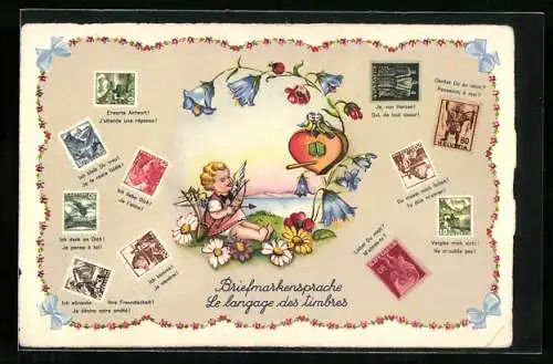 AK Briefmarkensprache, Amor mit Pfeil und Bogen