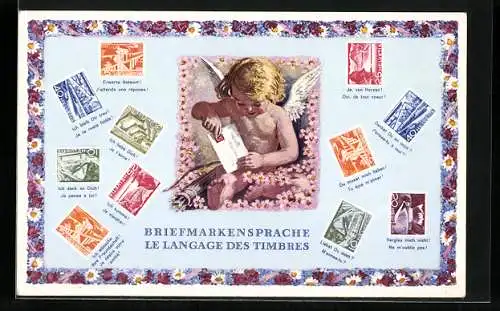 AK Briefmarkensprache, Le Langage des Timbres, Amor hält einen Brief in der Hand, versch. Briefmarken