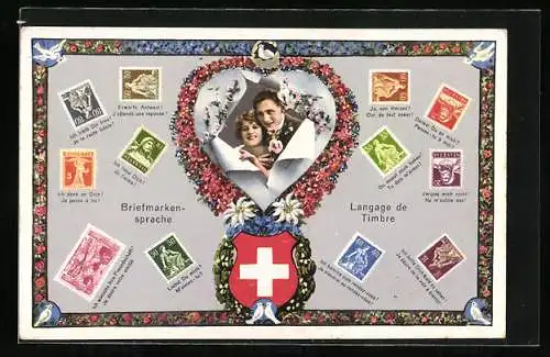AK Briefmarkensprache, Paar in einem Herz aus Blumen, Schweizer Wappen