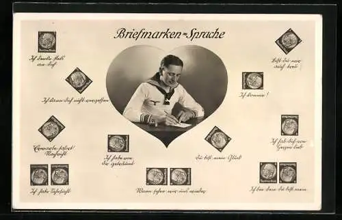 AK Briefmarkensprache, Matrose schreibt einen Brief