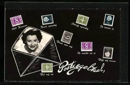 AK Postzegeltaal, Briefumschlag mit Frauenbild, verschieden angeordnete Briefmarken