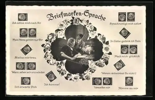 AK Erklärung der Briefmarkensprache, Liebespaar im Kleeblatt-Rahmen