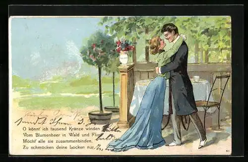 Lithographie Liebespaar umarmt sich in ihrem Garten