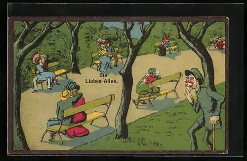 Künstler-AK Liebespaare auf Parkbänken in der Liebes-Allee