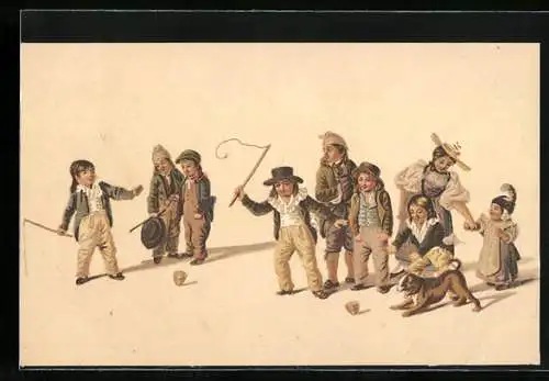 Künstler-AK Kindergruppe spielt auf der Strasse mit Hund, Pro Juventute