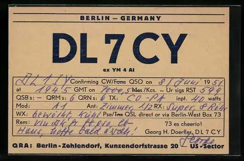 AK Radiosender DL7CY, Berlin-Germany, QRA Berlin-Zehlendorf, Kunzendorfstrasse 20