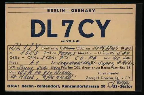 AK Radiosender DL7CY, Berlin-Germany, QRA Berlin-Zehlendorf, Kunzendorfstrasse 20