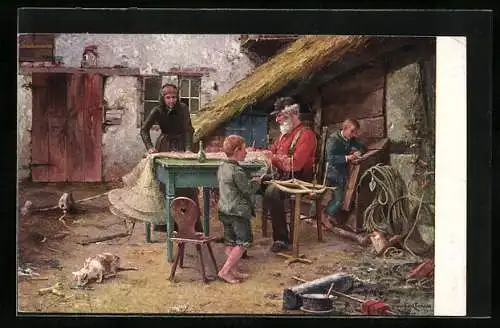 Künstler-AK Der Netzflicker mit seiner Familie bei der Arbeit