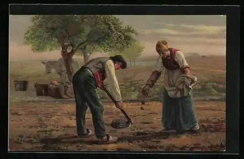 Künstler-AK Bauernpaar säet auf dem Feld aus