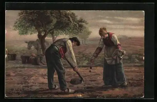 Künstler-AK Bauernpaar säet auf dem Feld aus