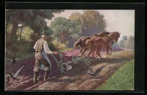 Künstler-AK Pferdepflug, Bauer mit Zweiergespann bei der Feldarbeit