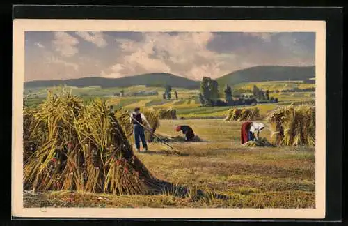AK Deutsche Ernte, Bauern auf dem Getreidefeld