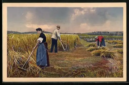 AK Deutsche Ernte, Bauern auf dem Getreidefeld
