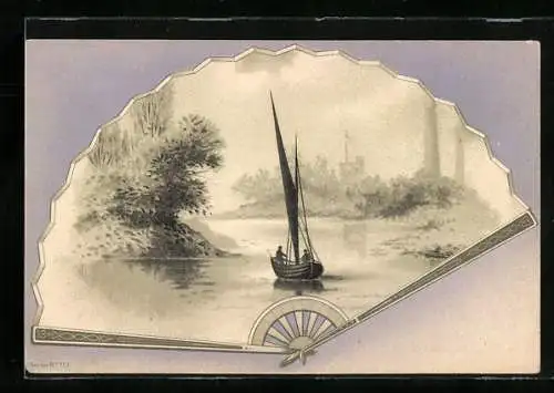 Passepartout-Lithographie Segelboot auf einem See in einem Fächer dargestellt