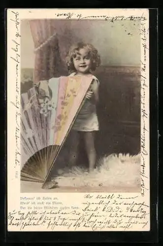 AK Kleines Kind mit riesigem Fächer, Kinderportrait, Gedicht Bekomm ich Hosen an