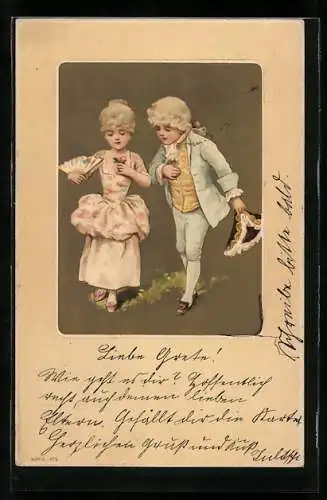 Künstler-AK Elegant gekleidetes Paar mit Fächer