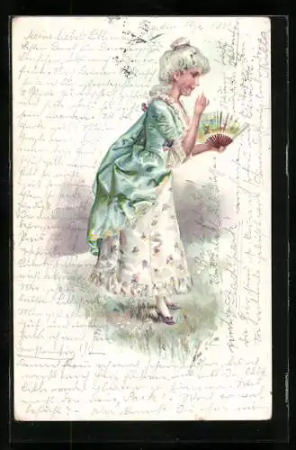 Präge-AK Frau im Kleid hält Fächer in der Hand