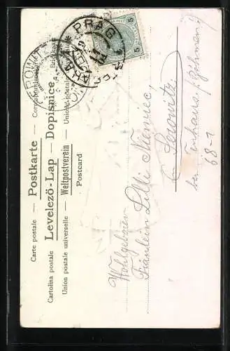 Präge-AK Frau im Kleid hält Fächer in der Hand