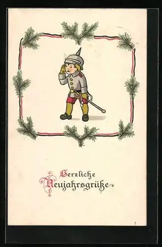 Künstler-AK Kindersoldat mit Pickelhaube in einem Tannenzweigrahmen