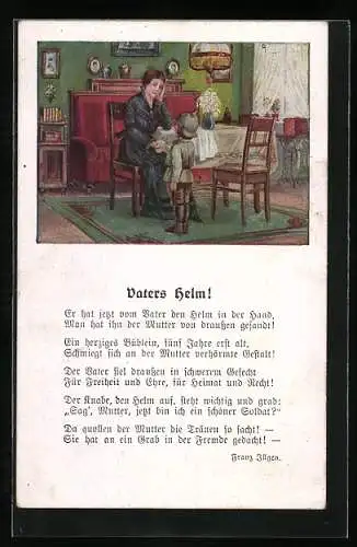 Künstler-AK Vaters Helm!, Knabe steht in Uniform vor seiner Mutter, Gedicht
