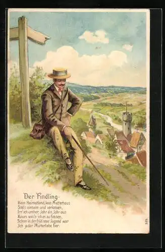 AK Der Findling, Wanderer sitzt verlassen auf einer Anhöhe