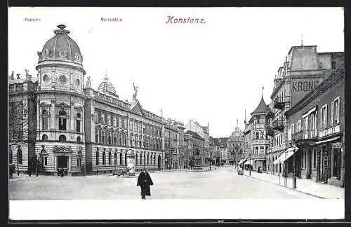 AK Konstanz, Strassenpartie mit Postamt und Marktstätte
