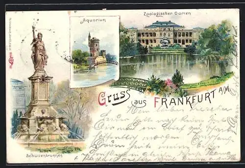 Lithographie Frankfurt-Ostend, Zoologischer Garten, Ruine mit Weiher und Schützenbrunnen