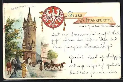 Lithographie Frankfurt a. M., Eschenheimer Thor mit Kutschen, Wappen