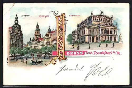 Lithographie Frankfurt a. M., Rossmarkt und Opernhaus