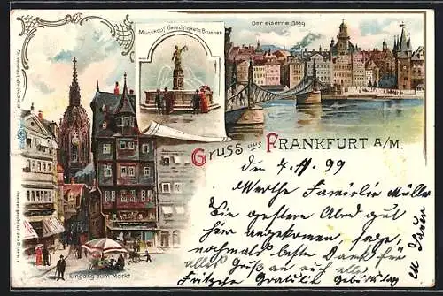 Lithographie Alt-Frankfurt, der eiserne Steg, Marktplatz und Gerechtigkeitsbrunnen