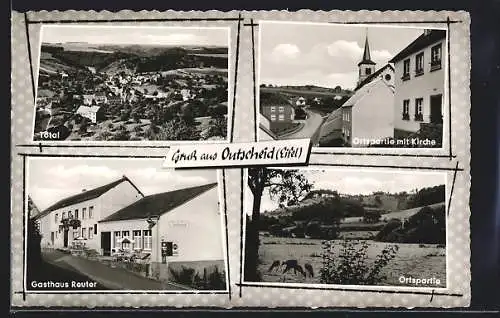 AK Outscheid /Eifel, Gasthaus A. Reuter, Ortspartie mit Kirche, Totalansicht