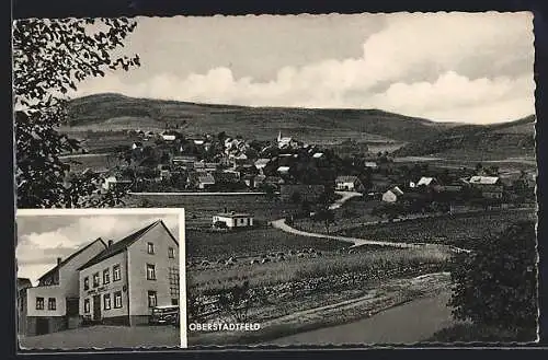 AK Oberstadtfeld, Gasthaus-Pension Schmitz K. Rädler, Gesamtansicht aus der Vogelschau
