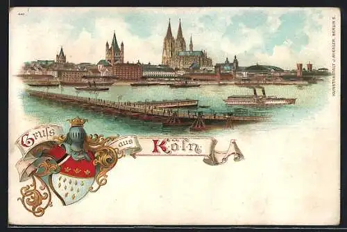 Lithographie Köln, Totalansicht mit Dom, SChiffbrücke und Stadtwappen