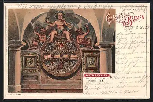 Lithographie Bremen, Bachusfass im Gasthaus Ratskeller