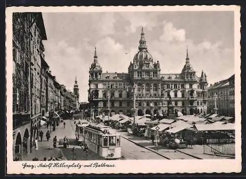 AK Graz, platz mit Rathaus und Strassenbahn